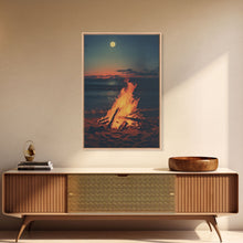 Carregar imagem no visualizador da galeria, Beach Campfire Under A Full Moon, Photography Print, Framed Canvas Print, Beach House Decor, Coastal Decor, Beach Print, Beach Art
