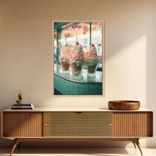 Load image into Gallery viewer, A Strawberry Sunday Kitchen Decor, Ice Cream Art, Framed Canvas Print, Ice Cream Parlor Decor, Icecream Shop Wall Art, MCM Style Decor
