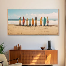 Carregar imagem no visualizador da galeria, Boho Beach Decor, Framed Canvas Print, Retro Surf Boards In The Sand, Living Room Decor, Gift For Him, Surfer Gift
