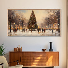 Carregar imagem no visualizador da galeria, Cute Christmas Village Art, Christmas Decor, Framed Canvas Print, Holiday Painting, Seasonal Decor, Christmas Tree Art Christmas Centerpiece
