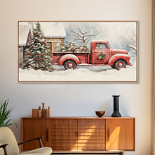 Cargar imagen en el visor de la galería, Christmas Tree Delivery - Retro Farmhouse Christmas Decor - Old Red Truck Delivering Christmas Trees - Framed Canvas Print - Holiday Decor
