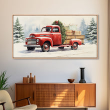 Cargar imagen en el visor de la galería, Christmas Tree Delivery - Retro Farmhouse Christmas Decor - Old Red Truck Delivering Christmas Trees - Framed Canvas Print - Holiday Decor
