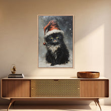 Carregar imagem no visualizador da galeria, Black Christmas Cat Wearing A Santa Hat, Framed Canvas Print, Christmas Decor, Xmas Wall Art, Holiday Decor, Seasonal Wall Decor
