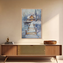 Cargar imagen en el visor de la galería, Christmas At The Lake, Framed Canvas Print, Wood Frame Lake House Decor, Winter Lakehouse Art
