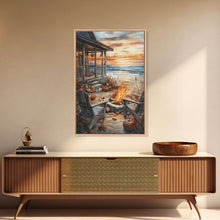 Carregar imagem no visualizador da galeria, Beach Campfire On The Fall, Framed Canvas Print, Boho Beach Art Nautical Decor, Modern Christmas / Thanksgiving Gift Wall Art
