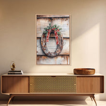 Cargar imagen en el visor de la galería, Christmas Horseshoe Framed Canvas Print, Horse Shoe With Mistletoe, Wood Framed Christmas Art, Western Decor, Boho Christmas, Minimalist
