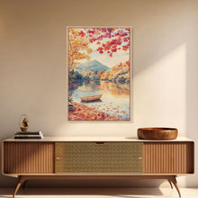 Carregar imagem no visualizador da galeria, Canoe On A Serene Fall Lake, Framed Canvas Print, Autumn Decor, Fall Wall Art, Fall Poster, Autumn Prints Wall Art
