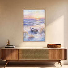 Carregar imagem no visualizador da galeria, Abandoned Canoe On The Beach, Framed Canvas Print, Nautical Decor, Christmas Outdoor Decor, Christmas Prints Wall Art
