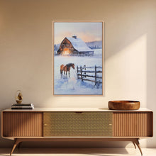 Cargar imagen en el visor de la galería, Christmas On The Farm, Winter Wall Art Framed Canvas Print, Gift Idea, Seasonal Decor, Barn Painting, Farmhouse Art
