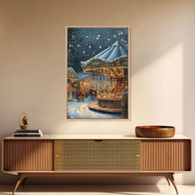 Cargar imagen en el visor de la galería, Christmas Carousel at a Snowy Night Market with Festive Lights and Ornaments, Framed Canvas Print for Christmas Wall Decor
