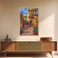 Carregar imagem no visualizador da galeria, Bright Mexican Style Courtyard Tall Art Framed Canvas Print Featuring Vibrant Architecture And Desert Scenery
