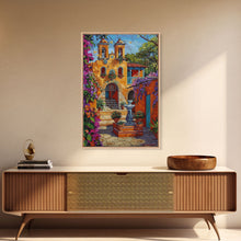 Carregar imagem no visualizador da galeria, Bright Mexican Style Tall Art Framed Canvas Print Depicting Ornate Blue Door And Rustic Courtyard
