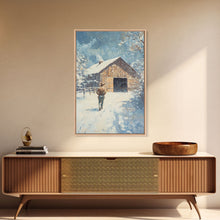 Load image into Gallery viewer, Cowboy Walking in Snow Scene Framed Canvas Print - Moody Landscape Art for Winter Home Decor 2024 Rustic Winter Wall Art
