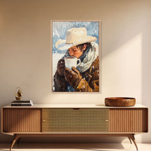 Load image into Gallery viewer, Cowboy Drinking Hot Cocoa Framed Canvas Print - Cozy Winter Wall Art 2024 Rustic Christmas Decor and Gift Idea

