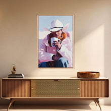 Load image into Gallery viewer, Cowboy with Mug in Snow Framed Canvas Print - Winter Country Scene Art Best 2024 Christmas Wall Decor Gift Idea
