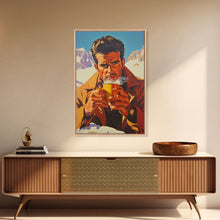 Load image into Gallery viewer, Cowboy Drinking Coffee in Winter Cabin Framed Canvas Print - Cozy Christmas Wall Art 2024 Rustic Holiday Decor
