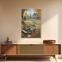 Carregar imagem no visualizador da galeria, Autumn Picnic Outdoors Tall Art Framed Canvas Print With Basket Of Apples, Fall Scene Wall Art, Country Farmhouse Decor For Kitchen
