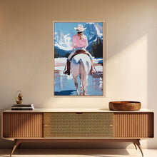 Cargar imagen en el visor de la galería, Female Cowboy Riding Through Winter Mountains Framed Canvas Print Christmas Wall Art Winter Wonderland Vintage Christmas Gift Wall Art
