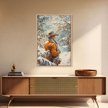 Load image into Gallery viewer, Cowboy in Snowy Orchard Canvas Print with Frosty, Christmas Wall Art Gift, Seasonal Decor, Winter Wonderland, Holiday Decor, Canvas Print
