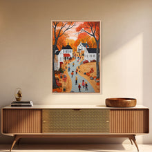 Carregar imagem no visualizador da galeria, Autumn Village Scene Framed Canvas Print Tall Art With Fall Leaves And Pumpkins, Cozy Wall Art For Seasonal Farmhouse Decor

