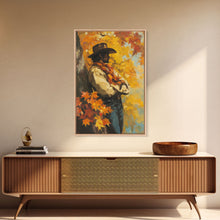 Load image into Gallery viewer, Cowboy Walking in Winter Forest at Sunset Canvas Print, Seasonal Western Wall Art, Rustic Christmas Wall Decor, Vibes, Framed Canvas Print
