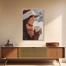 Load image into Gallery viewer, Framed canvas print of a peaceful winter scene with a woman a hot chocolate perfect for holiday gift idea or rustic Christmas wall art decor

