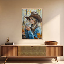 Carregar imagem no visualizador da galeria, Fall-themed farmhouse framed canvas print a woman with coffee amidst autumn leaves ideal harvest home decor or seasonal wall art gift idea
