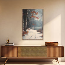 Load image into Gallery viewer, Framed Canvas Print of a Snowy Path with Trees and Red Leaves, Winter Wall Art, Moody Landscape, Best Gift Idea, Modern Christmas Decor
