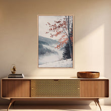 Carregar imagem no visualizador da galeria, Canvas Print of Snowy Mountain Trees Red Leaves, Winter Wonderland Wall Art, Best Gift Idea, Moody Landscape, Rustic Christmas Decor
