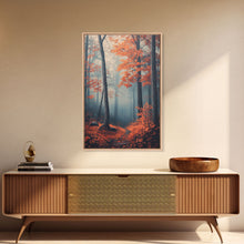 Carregar imagem no visualizador da galeria, Framed Canvas Print of Misty Autumn Forest with Vibrant Red Leaves, Seasonal Wall Art, Modern Farmhouse, Gift Idea, Fall Landscape Art
