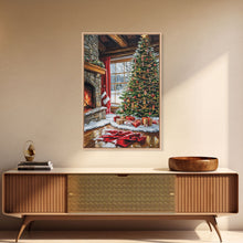 Load image into Gallery viewer, Cozy Cabin Fireplace With Christmas Tree Framed Canvas Print Christmas Wall Art Farmhouse Christmas Decor Holiday Gift Christmas Tree Art
