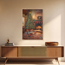 Cargar imagen en el visor de la galería, Children By Fireplace And Christmas Tree Framed Canvas Print Cozy Holiday Home Decor With Warm Fire And Festive Decorations Christmas Art

