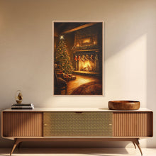 Load image into Gallery viewer, Rustic Cabin Fireplace With Christmas Tree Framed Canvas Print Warm Holiday Decor With Stockings And Christmas Lights Christmas Wall Art
