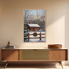 Load image into Gallery viewer, Snowy Log Cabin With Wreath And Fence Framed Canvas Print Rustic Winter Scene With Cozy Cabin In Snow Perfect Christmas Home Decor Wall Art
