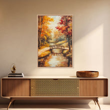 Carregar imagem no visualizador da galeria, Autumn Bridge Over Stream Framed Canvas Print Wall Art Fall Landscape Decor, Rustic Autumn Art Gift, Seasonal Wall Art
