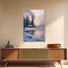 Load image into Gallery viewer, Cabin In Snowy Forest Framed Canvas Print Wall Art Winter Landscape Decor, Cozy Christmas Art Gift, Rustic Winter Wonderland Art
