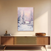 Load image into Gallery viewer, Pink Snowy Cabin Landscape Framed Canvas Print Wall Art Winter Wonderland Decor, Christmas Art Gift, Rustic Winter Scene Art
