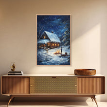 Load image into Gallery viewer, Cowboy Christmas by the Fire Framed Canvas Print, Western Holiday Decor with Snowy Cabin, Cozy Art Perfect for Rustic Christmas Winter Decor
