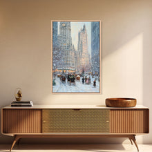 Cargar imagen en el visor de la galería, Historical City Winter Framed Canvas Print, Snowy Urban Landscape with Carriages and Victorian Architecture, Elegant Christmas Wall Art
