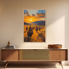 Load image into Gallery viewer, Cowboy Riders at Dusk Framed Canvas Print, Warm Sunset Western Scene with Riders on the Plains, Fall Decor Ranch Homes and Country Wall Art
