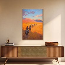 Load image into Gallery viewer, Cowboy Campfire Framed Canvas Print, Evening Gathering with Riders Around Fire, Western Landscape Art for Fall or Winter Home Decor
