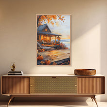 Load image into Gallery viewer, Cozy autumn cabin porch with pumpkins and scenic view, Framed Canvas Print, perfect above sofa art, fall seasonal decor, gallery wall
