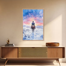 Load image into Gallery viewer, Cowboy riding through snowy sunset, Framed Canvas Print, winter landscape wall art, western decor for above sofa, rustic holiday decor
