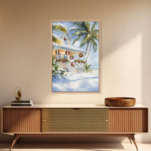 Carregar imagem no visualizador da galeria, Beach Christmas porch with palm trees and wreaths, holiday decor Framed Canvas Print Christmas wall art farmhouse tropical decor idea
