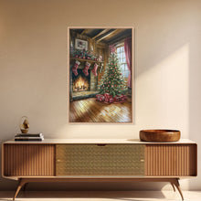 Load image into Gallery viewer, Cozy farmhouse Christmas interior Framed Canvas Print with tree stockings and fireplace, warm holiday art rustic Christmas decor mantle
