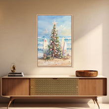 Cargar imagen en el visor de la galería, Coastal Christmas tree with surfboards at the beach Framed Canvas Print, tropical holiday wall art beach Christmas decor Christmas prints
