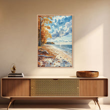 Carregar imagem no visualizador da galeria, Autumn beach landscape with vibrant fall leaves and coastal breeze Framed Canvas Print perfect fall wall art for seasonal farmhouse decor
