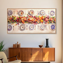 Load image into Gallery viewer, Festive Thanksgiving dinner table setting with colorful centerpiece, framed canvas print perfect autumn holiday decor wall art
