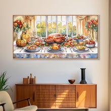 Load image into Gallery viewer, Framed Canvas Print Autumn Thanksgiving Dinner Table Art with Pumpkins, Perfect Fall Home Decor, Seasonal Wall Art, and Gallery Wall Piece
