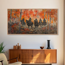 Load image into Gallery viewer, Framed Canvas Print Horseback Riders in Rustic Fall Forest, Cowboy Theme Wall Art, Autumn Home Decor, and Seasonal Canvas Wall Print
